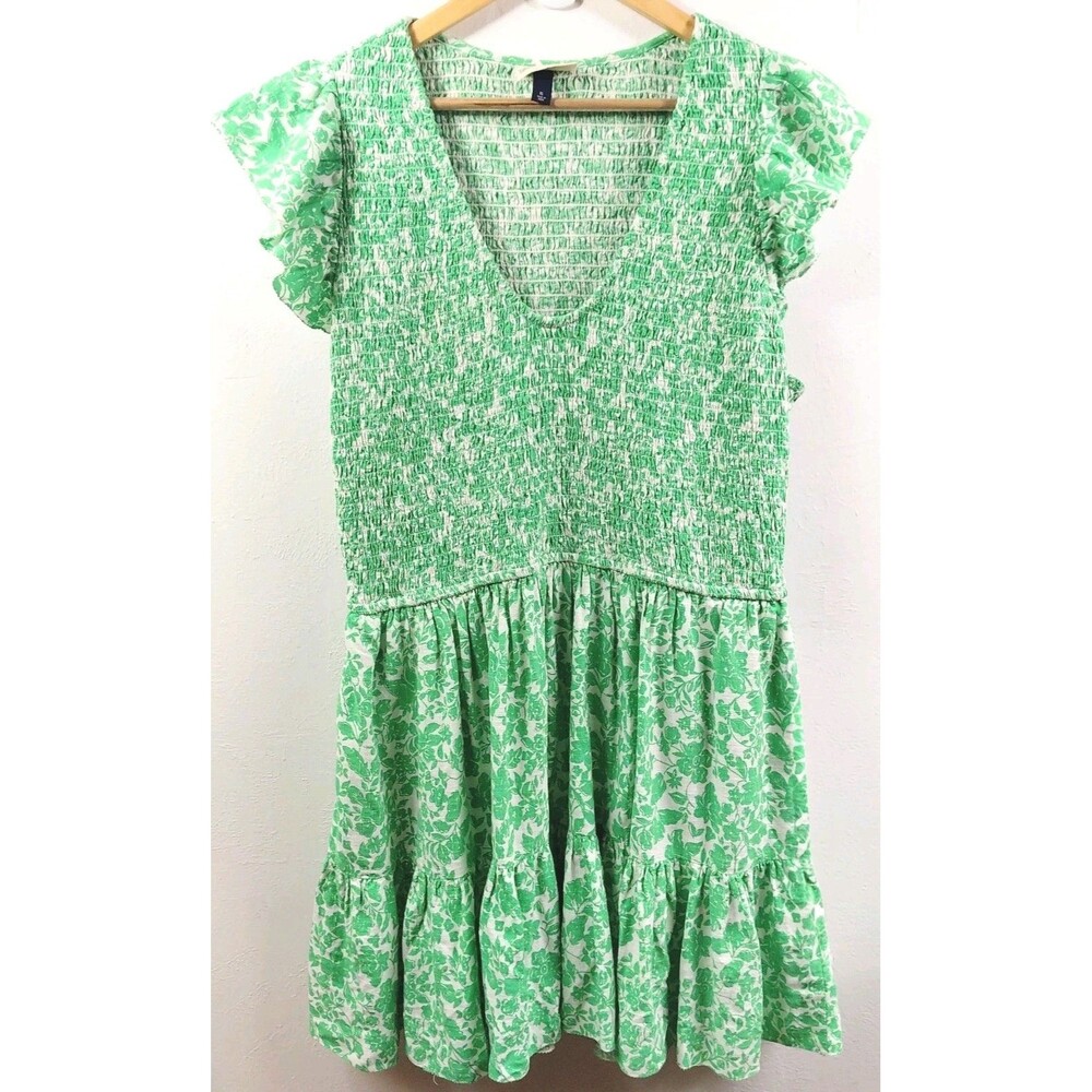 Universal Thread Smocked V-neck Ruffle Short Sleeves Green Dress pockets Size XL